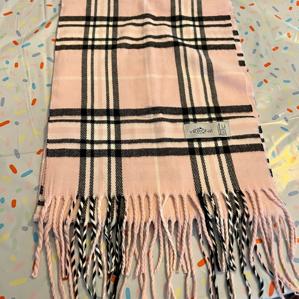 Pink Plaid Scarf with Fringe